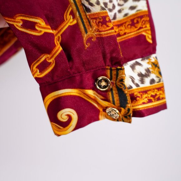 Guess XL Red Yellow Shiny Polyester Collared Button Front Top Shirt Baroque Long - Picture 2 of 9